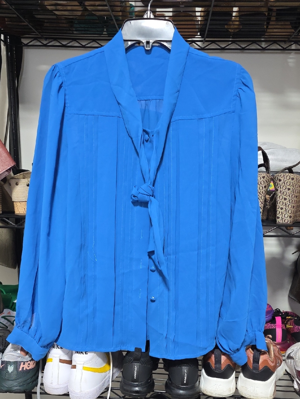 Women's Blue Tie-Neck Blouse